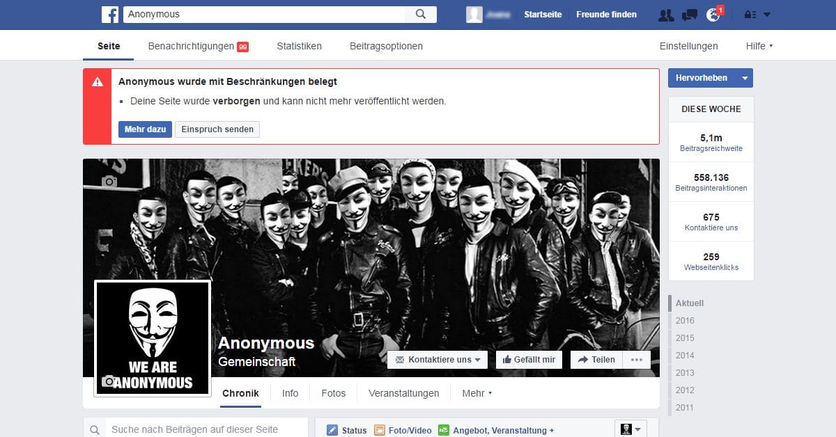 Nach Zensur auf Facebook: Anonymous startet eigenes Nachrichtenportal