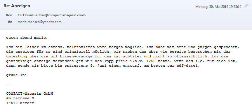 E-Mail von COMPACT-Verleger Kai Homilius an Mario Rönsch vom 30. Mai 2016