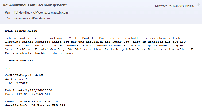 E-Mail von COMPACT-Verleger Kai Homilius an Mario Rönsch vom 25. Mai 2016