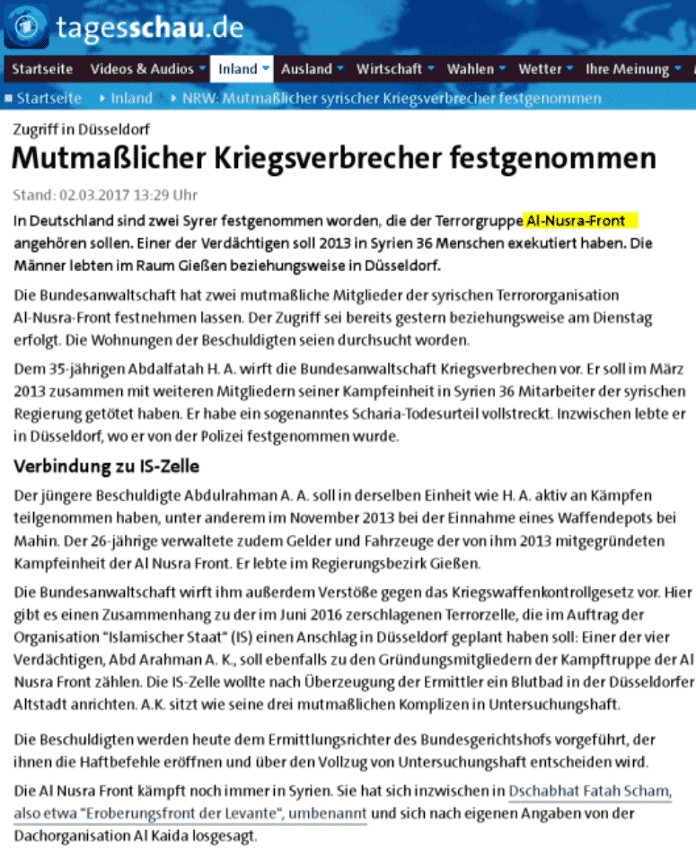 Die irre Kriegspropaganda der ARD: Nusra-Front – in Syrien „Rebellen“, in Deutschland Terroristen 8 Die irre Kriegspropaganda der ARD: Nusra-Front – in Syrien „Rebellen“, in Deutschland Terroristen