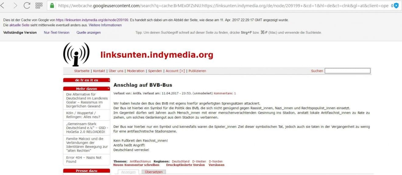 IS und Linksterroristen der ANTIFA bekennen sich zu Bombenanschlag auf BVB-Mannschaft