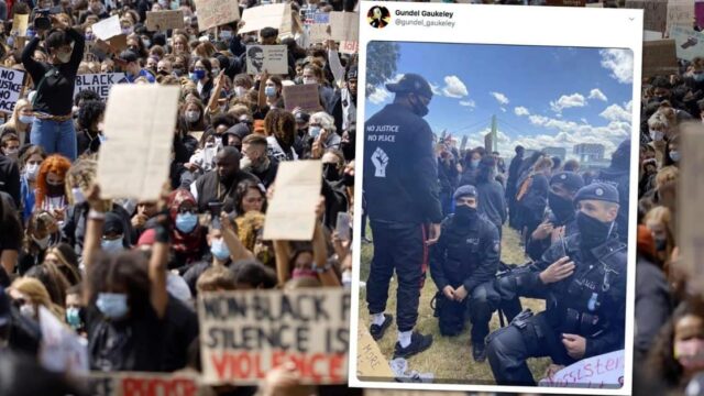 Deutsche Polizisten erniedrigen sich selbst und gehen vor BLM-Demonstranten in die Knie