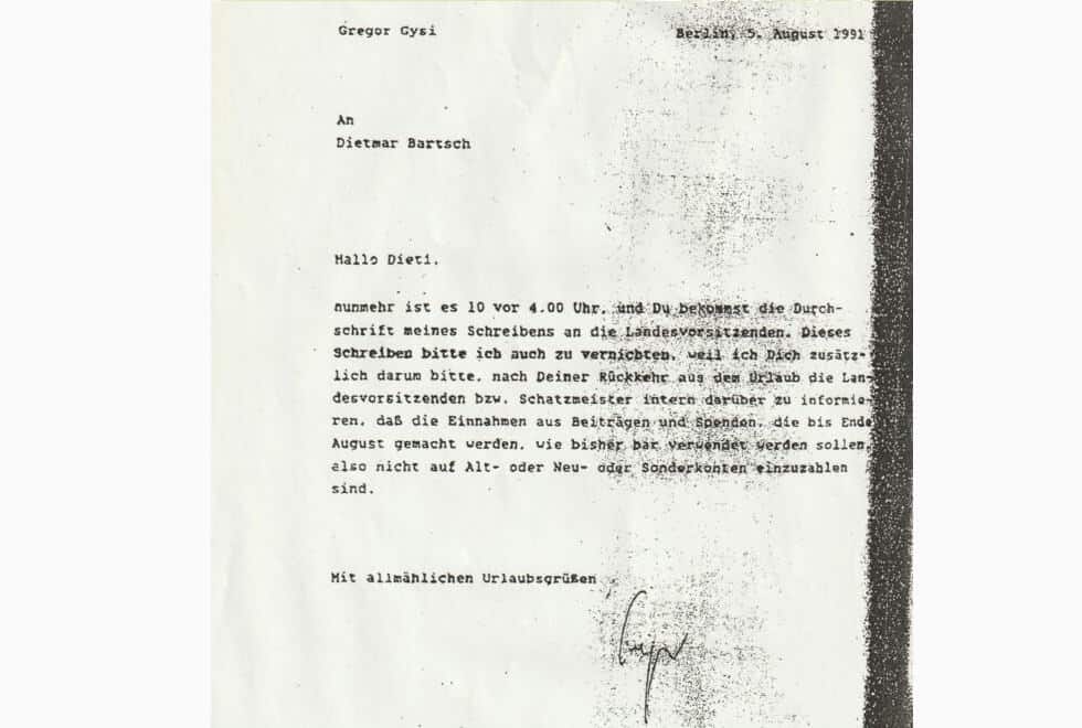 Beschlagnahmtes Schreiben Gregor Gysis an Dietmar Bartsch vom 5. August 1991