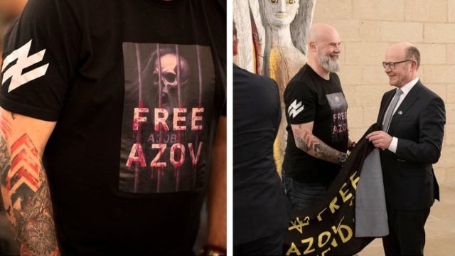 Mit Wolfsangel und Totenkopf: Ukraine-Nazis in Frauenkirche empfangen