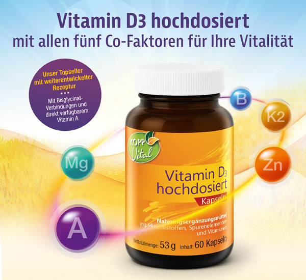 Kopp Vital® Vitamin D3 hochdosiert / 10.000 IE / 60 Kapseln / mit Magnesium, Bor (Borax), Vitamin A, Vitamin K2 und Zink